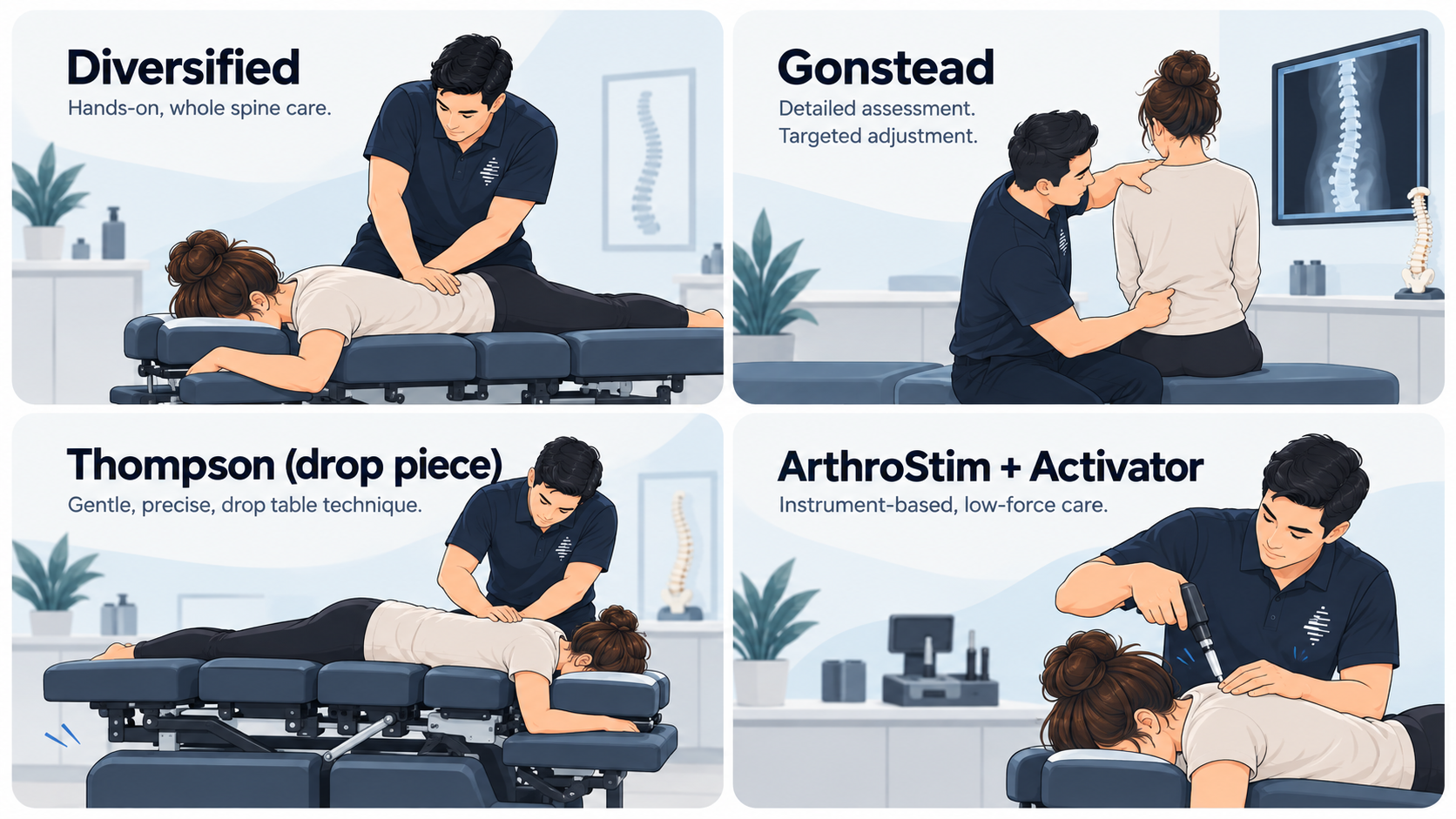 Four panels illustrating the treatment techniques used at APEX. Chiro Gregory Hills: Diversified hands-on care, Gonstead targeted adjustment, Thompson drop piece table and ArthroStim plus Activator instrument-based care