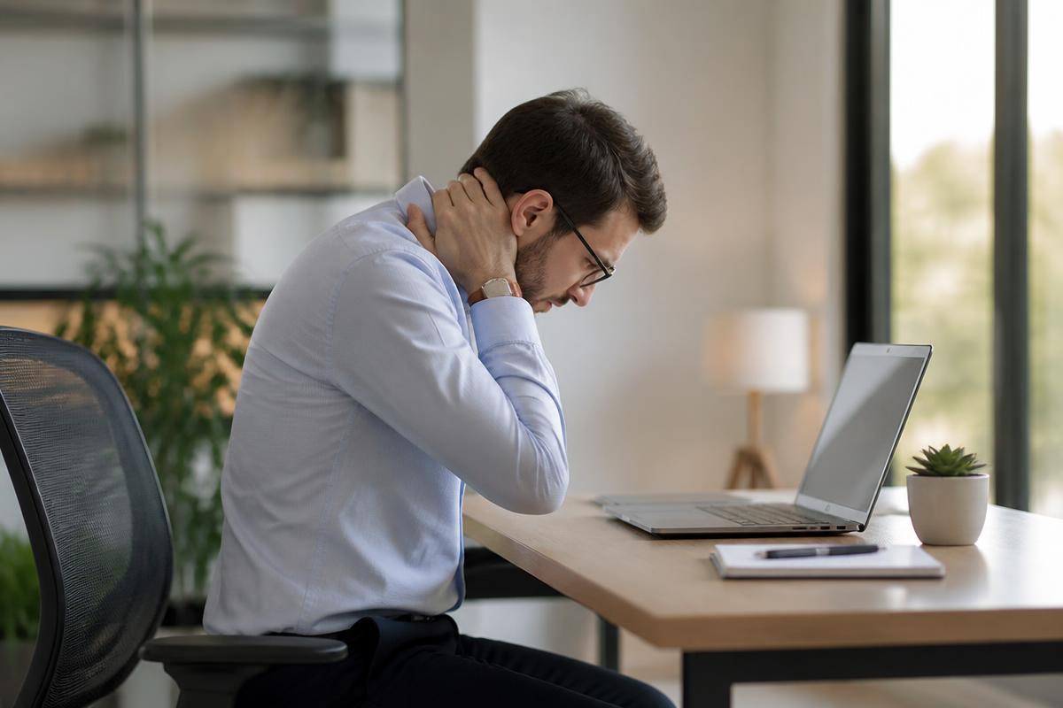 Office worker slouching at a laptop and rubbing the back of his neck
