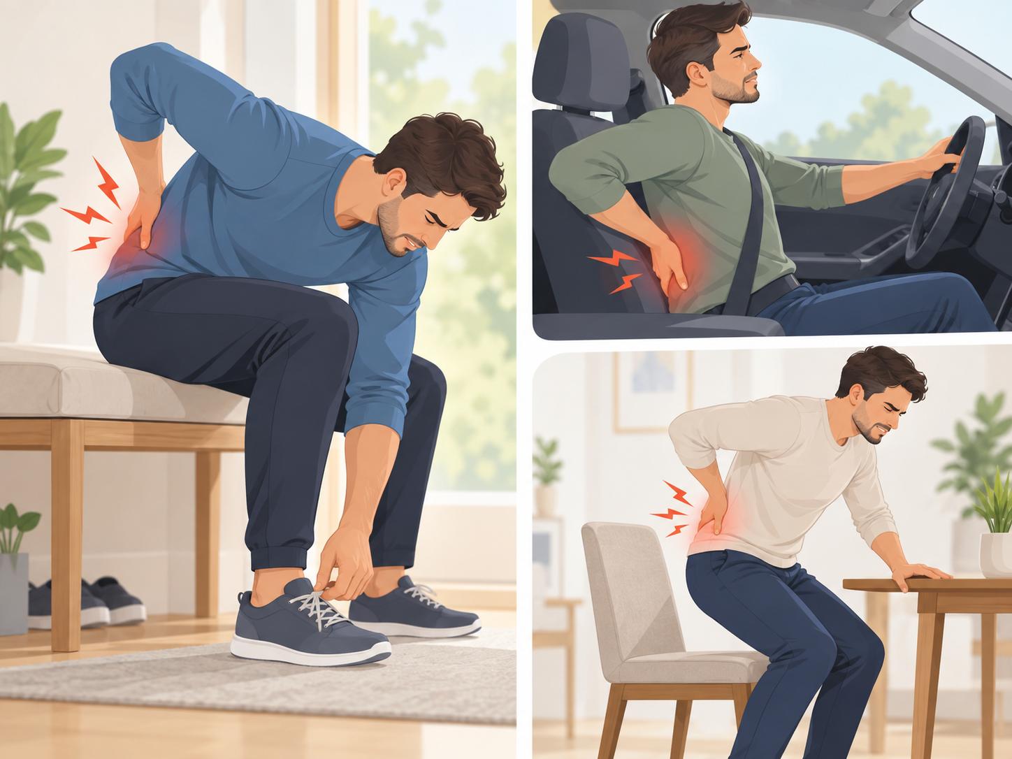 Three scenes of everyday movements that can trigger lower back pain: bending to tie a shoe, driving a car and standing up from a chair