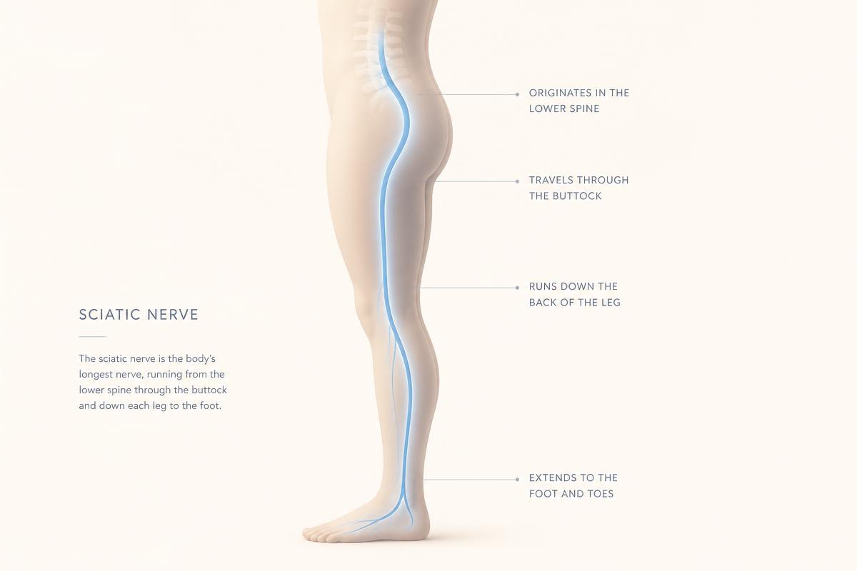 Diagram showing the path of the sciatic nerve from the lower spine through the buttock and down the back of the leg to the foot