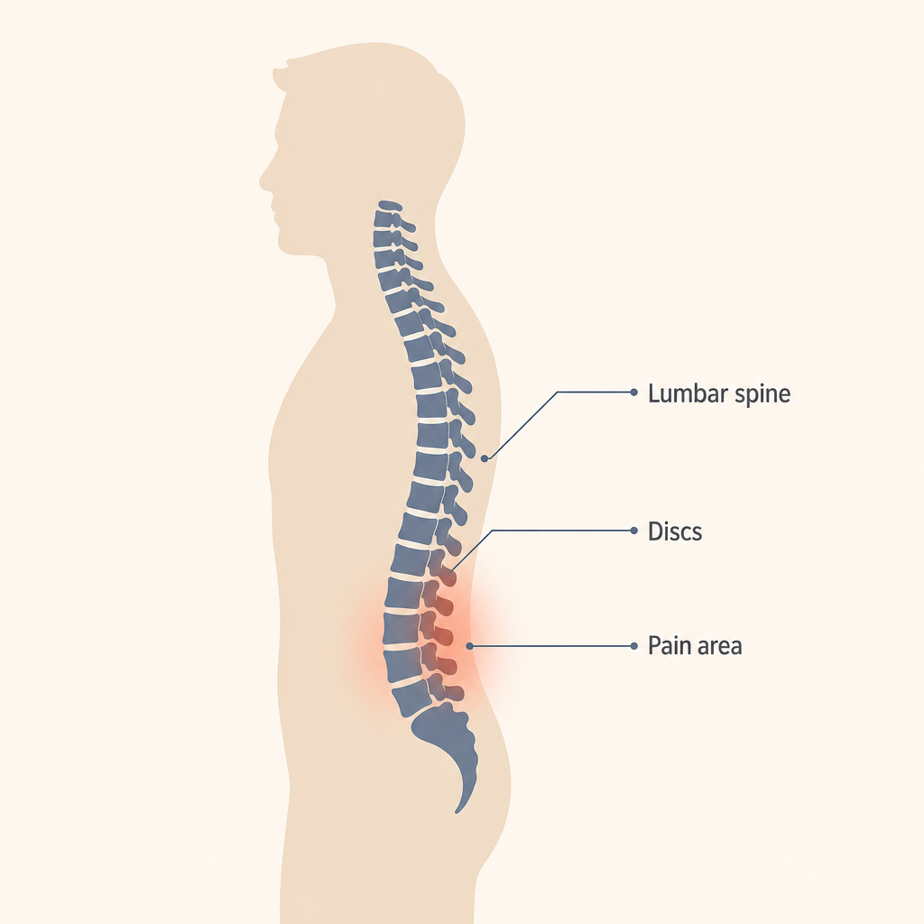Illustration of the lower spine with a highlighted lumbar pain area and simple educational labels