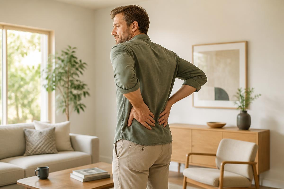 Man standing in a modern living room with both hands supporting his lower back