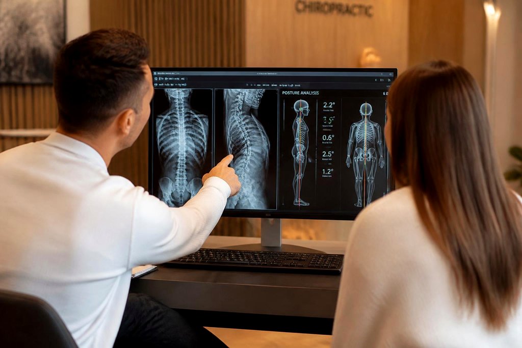 A chiropractor pointing to spinal X-ray imaging and posture analysis on a monitor while reviewing findings with a patient at APEX. Chiro Gregory Hills.