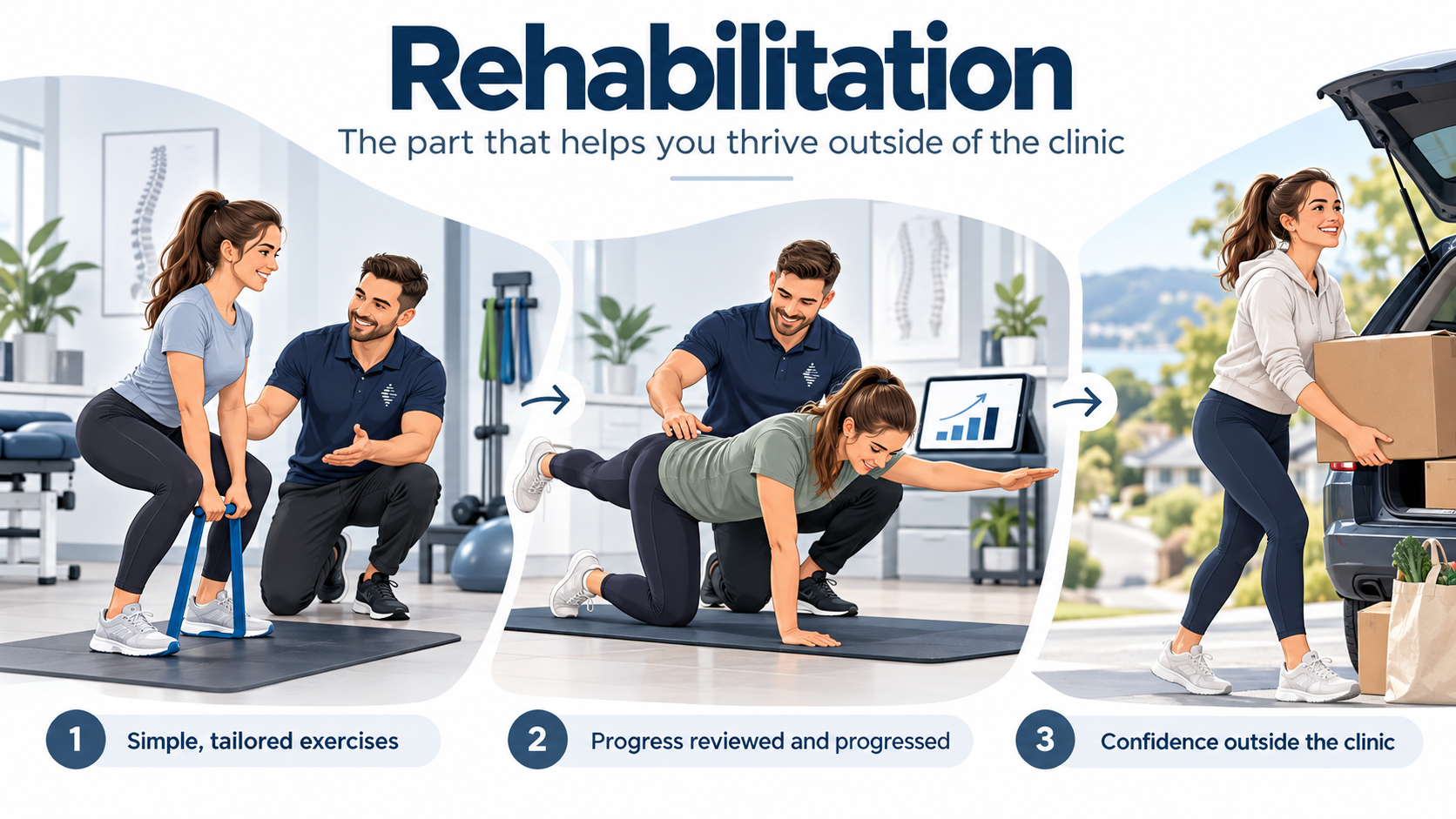 Three panels illustrating the rehabilitation journey at APEX. Chiro Gregory Hills: simple tailored exercises with a resistance band, progress reviewed and progressed with a practitioner, and confidence carrying groceries outside the clinic