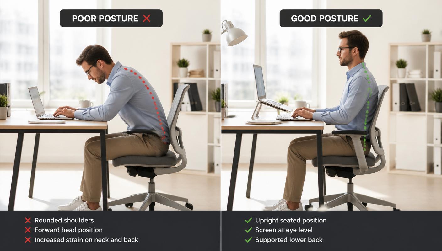 Side-by-side comparison of poor desk posture with rounded shoulders and forward head, and a supported upright ergonomic sitting position